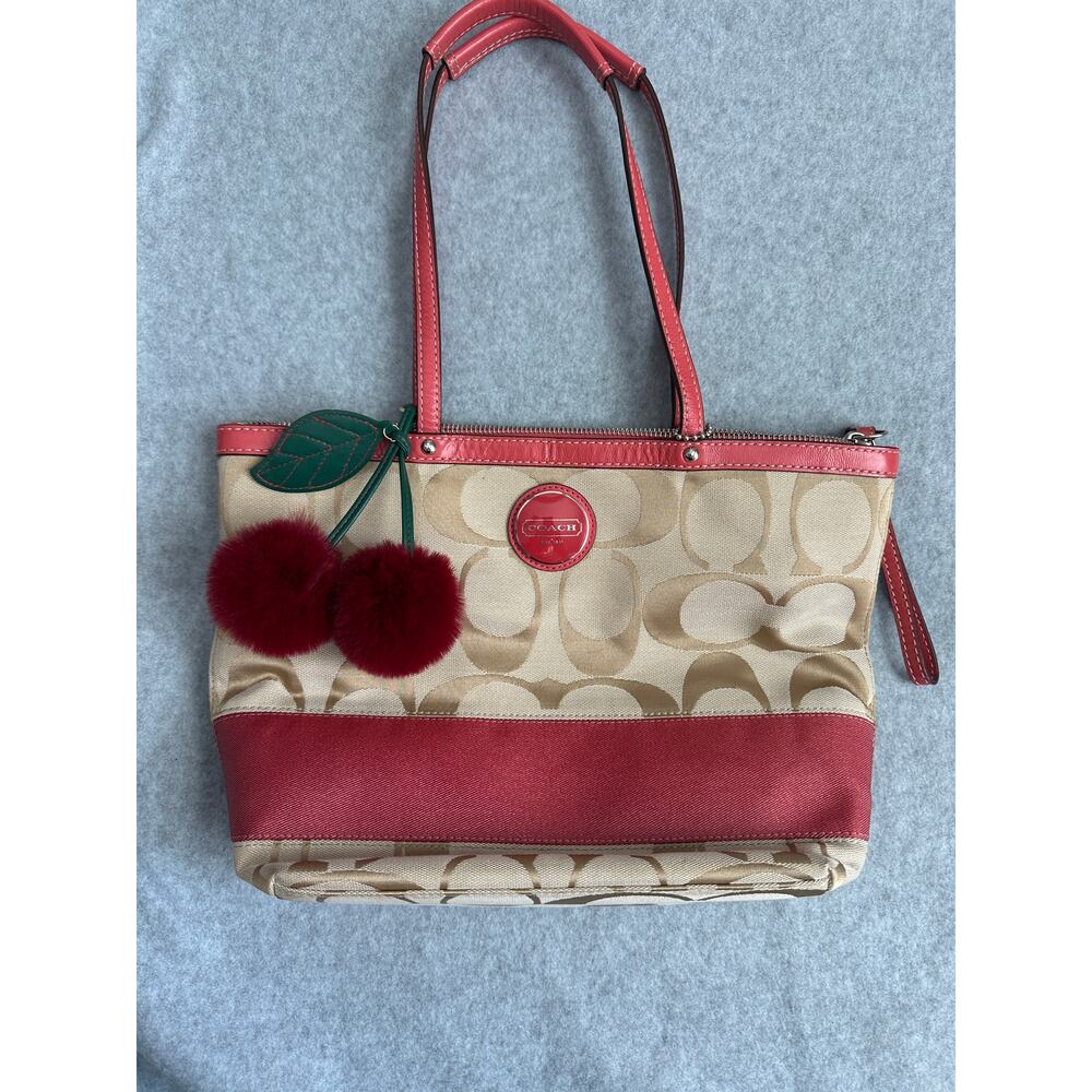 Preppy Y2K Coquette Coach Khaki Coral Signature Stripe Gallery Tote + Charm